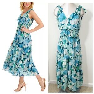 Taylor Metallic Floral Printed Smocked Waist Midi Dress Size 10 Blue Tones